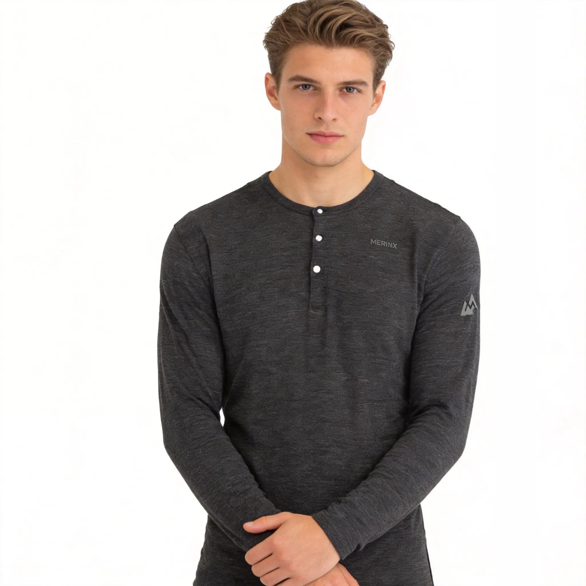 MERINX Men's Merino Wool Longsleeve Henley Shirt - 17.5 Micron Plain Yarn Fabric, Fitted Cut, Henley Neck, Moisture-Wicking, Antibacterial All-Season Base Layer for Outdoor & Gym, Casual Menswear, Cold Wash, Cool Iron as Needed