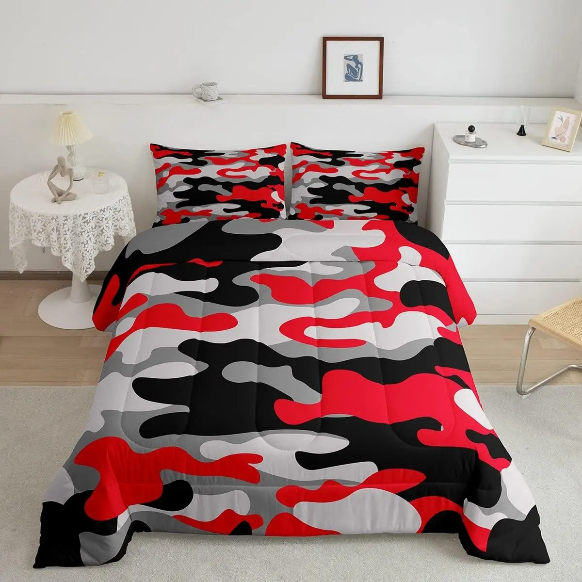 Feelyou King Size Geometric Digital Camouflage Quilt Bedspread Set - Red Black White Luxury Comfy Print Bedding, Super Soft, Multi-Size Option, Modern Decor for Teens, Home/Travel-Friendly Use, Set Includes Core Pieces