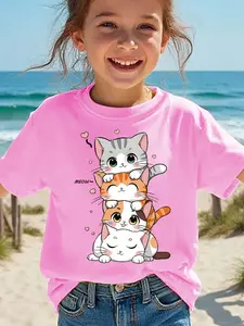 Cute Stacked Cats Kids T-Shirt "MEOW~" Kawaii Cat Graphic Short Sleeve Cotton Tee for Girls Boys