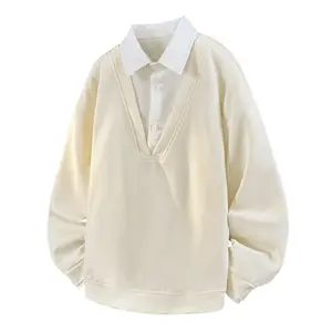 Men’s spring mock two-piece shirt sweatshirt, new old‑money‑style men’s casual top, long‑sleeve men’s sweatshirt, unisex couple matching loose‑fit streetwear collared pullover long‑sleeve T‑shirt, soft and comfortable fabric, suitable for everyday wear su