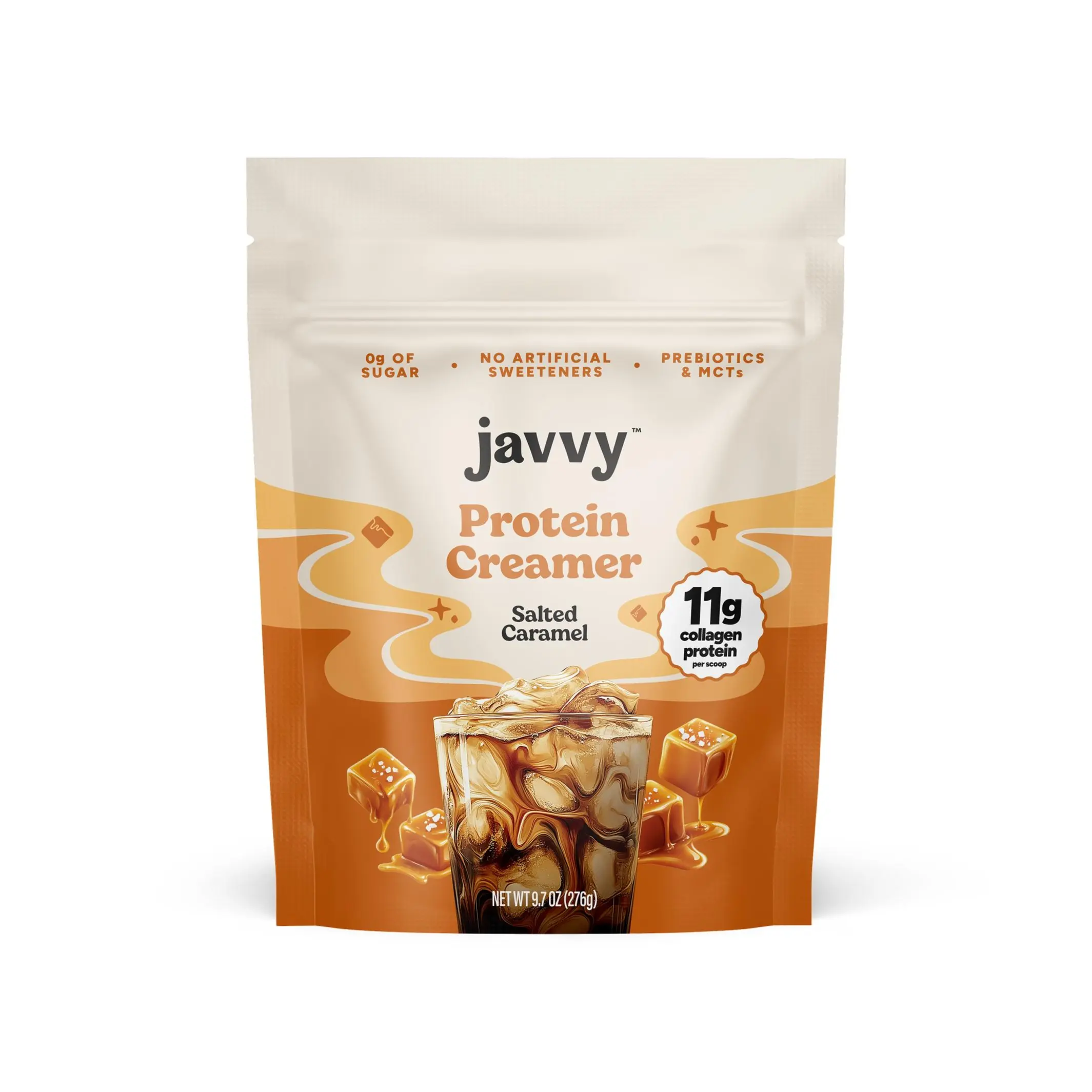 Javvy Salted Caramel Protein Coffee Creamer - Grass Fed Pasture Raised Collagen - Hair, Skin & Nail Support, Energy-Boosting MCTs, Keto Friendly, Lactose Free & Gluten Free, No Added Sugar, 11g of Protein