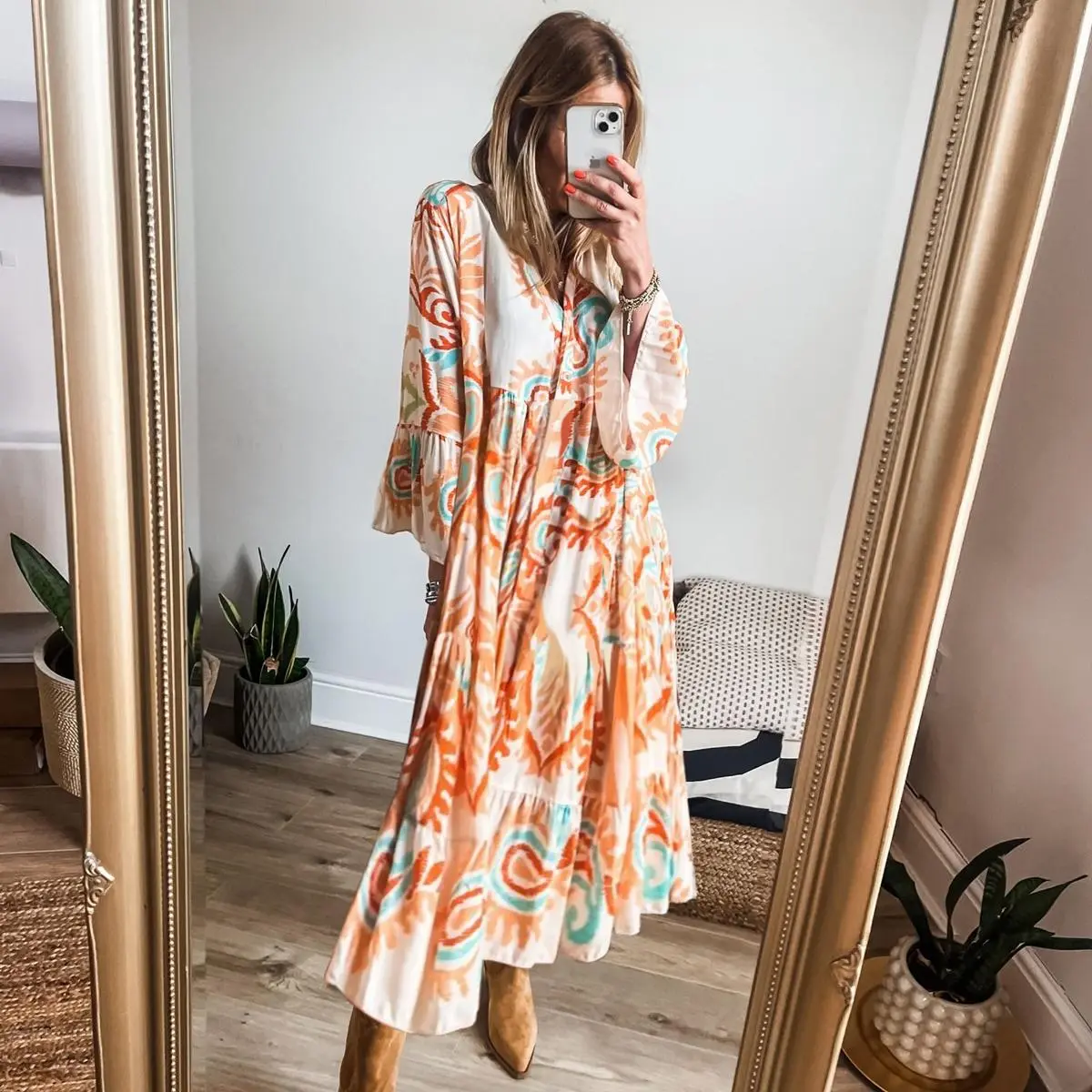miduo Womens Casual Beach Summer Dress V Neck Bohemian Tribal Print Flowy Midi Maxi Dresses Womenswear Resort Wear Floral Dress Vacation Outfits#backtoschool