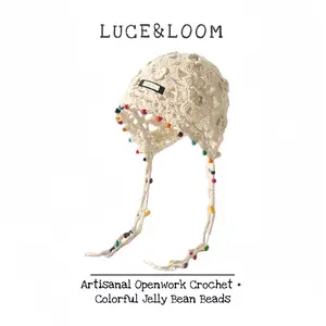 【LUCE&LOOM】Boho Hand-Crochet Beanie with 3D Floral & Colorful Beaded Trendy Hat Vintage Fashion Hat