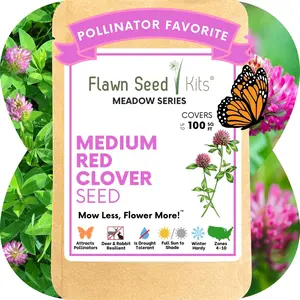 Flawn Seed Kits Medium Red Clover Seed, Drought Tolerant, Flower Meadow, Attracts Pollinators, Kraft Pouch, Covers 100-7200 Sqft