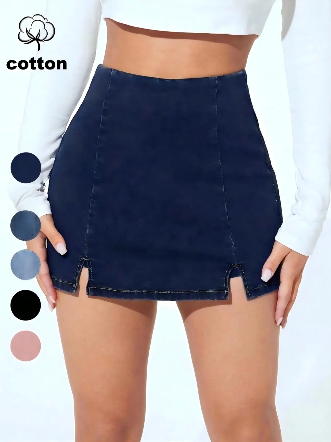 Fashionable Solid High Waist Slim Fit Bodycon Split Slit Denim Bottoms Skirt for Petite Women