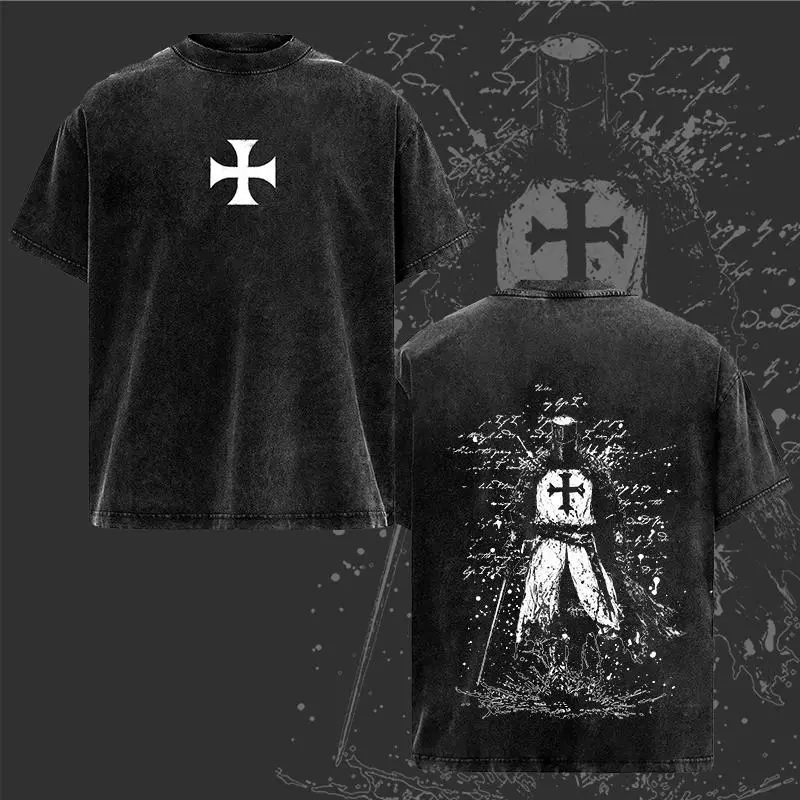 Men's Crusader Knight Graphic Cotton T-Shirt - s Mensfashion Sporty Chic, Unisex Fitted Crew Neck, All Seasons, Short Sleeves, Easy Layering, Distressed Vintage Streetwear Multi-Size Gift Top