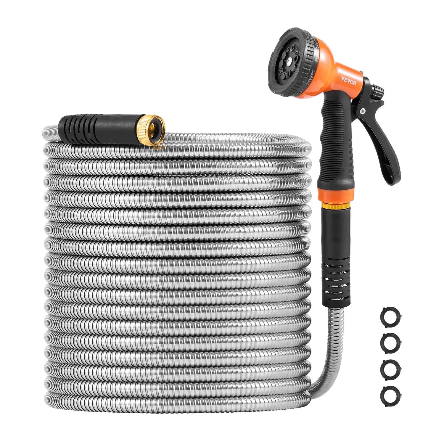 【Summerfinds】VEVOR Metal Garden Hose  Max. 200 ft Rust Proof Stainless Steel Water HoseHeavy Duty Backyard Hose with 10 Function NozzleNo-Kink & Flexible Water PipeLightweight Metal Hose for YardOutdoor