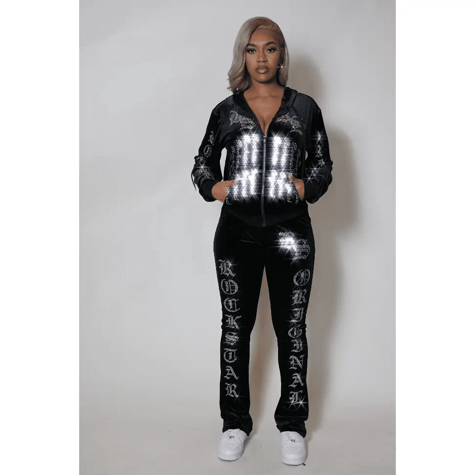 Doniqua Black Rhinestone Velour Stacked Track Set