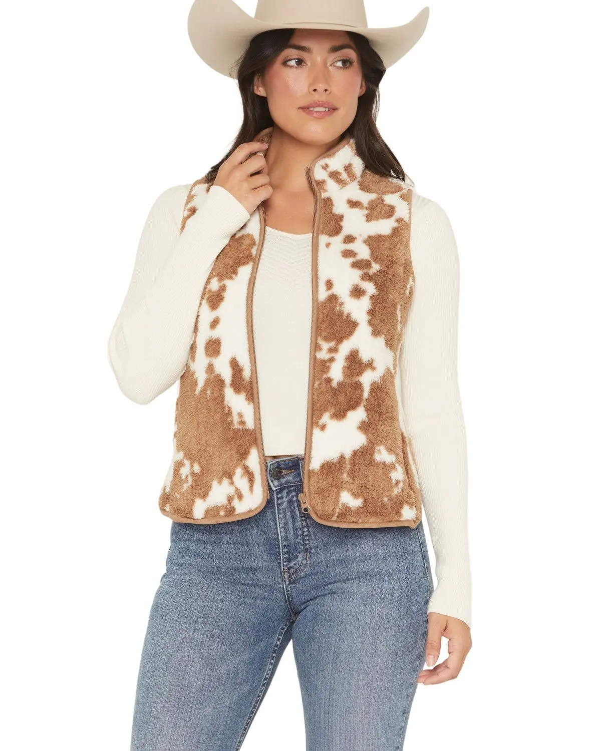 Shyanne Women's Women'S Jean Cow Print Sherpa Zip-Up Vest - Srho25v1-Cof
