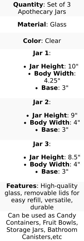 Set of 3 Glass Jars Apothecary Design Clear and Snap-On Lids - Stylish Decorative Candy Buffet Storage 8.5", 9", 10"