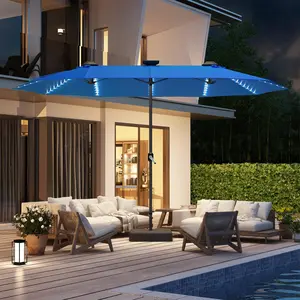 AECOJOY 15ft Double-Sided Patio Umbrella with Solar Lights, Outdoor Rectangle Market Large Patio Umbrella with Base Include|Crank Handle|156 PCS LED Lights for Garden Pool(1.9" Pole)