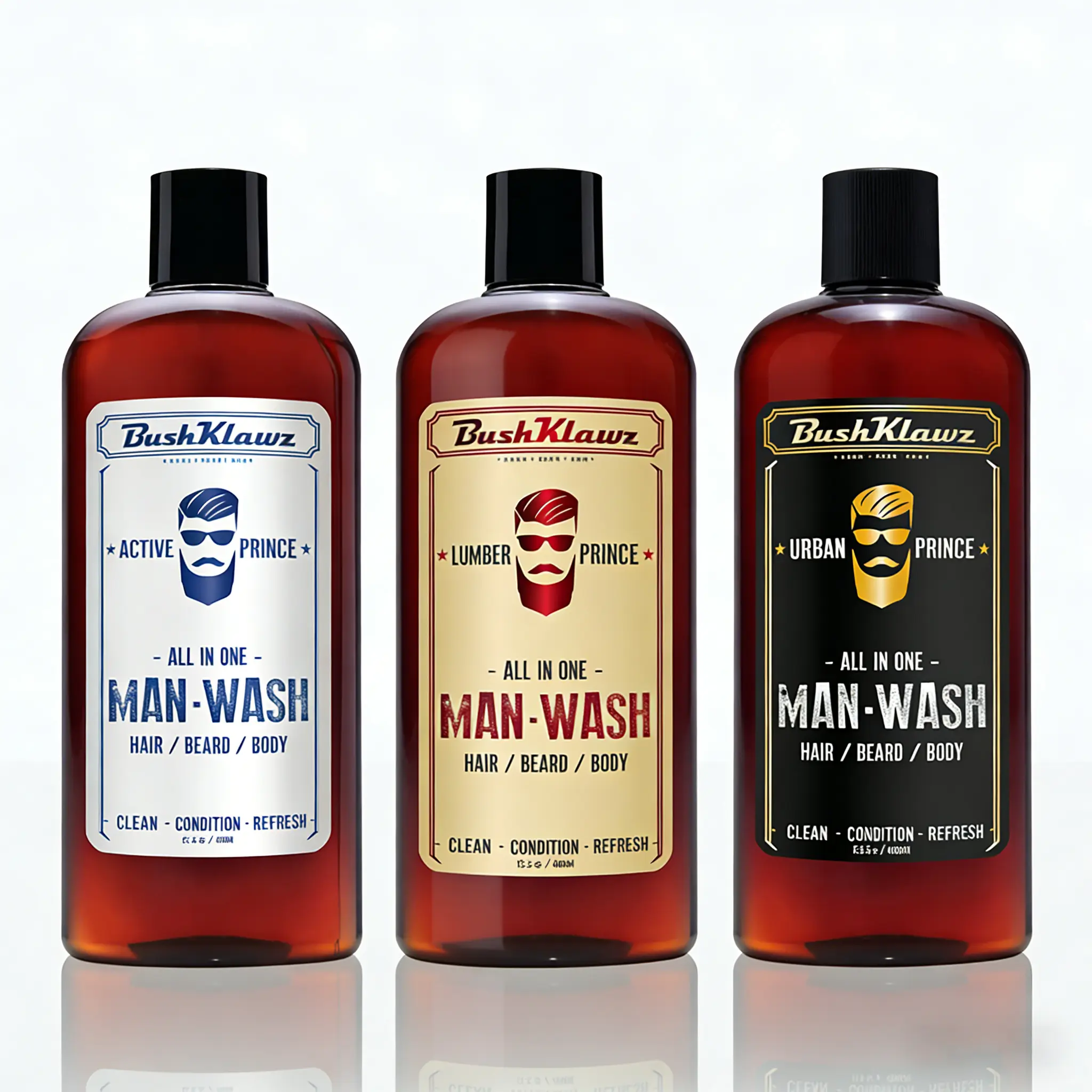 BushKlawz ACTIVE PRINCE 3-in-1 Men's Cleanser - Daily Mint Blend Shampoo, Conditioner, Hair Beard Body Wash with Aloe Vera, Argan Oil, Oat, Tea Tree, Hyaluronic Acid for Smooth Bath Care