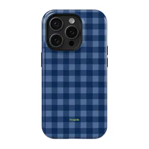 Fragola BLUE HOUR iPhone Case - Luxury High-Gloss Tough Case for iPhone 17 16 15 14 13 12 11 Pro Max - Premium Shockproof Navy Blue Gingham Check Cover + Free Keychain - Gift for Teen Girls