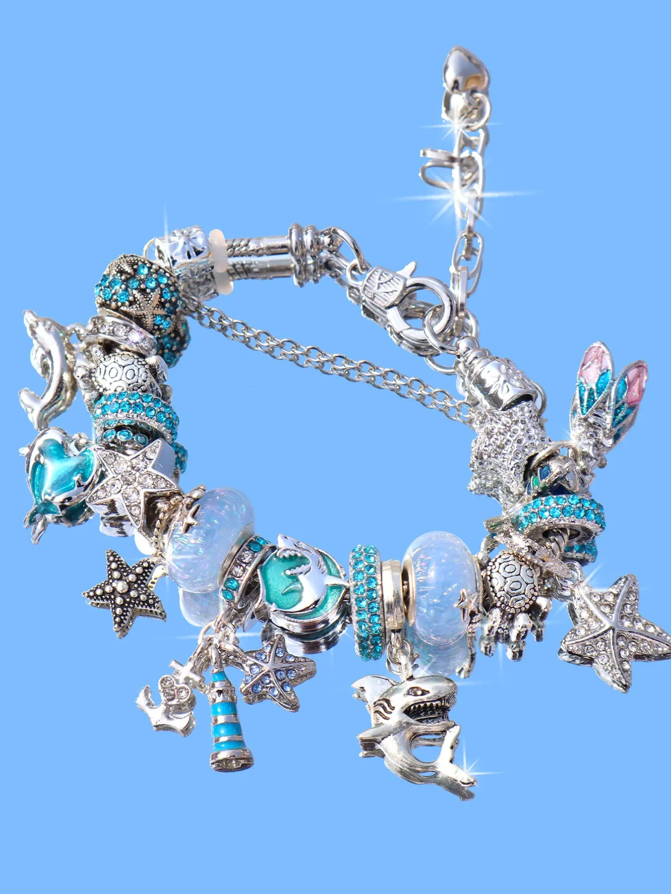 Ocean Style Shark Dolphin Beaded Charm Bracelet, Beach Starfish Ship DIY Bracelet, Heart Dolphin Bracelet, Ocean Animal Memorial Bracelet, Charms Bracelet, Jewelry Bracelet, Fashion Bracelet, Chain Bracelet, Alloy Chain Bracelet, Beaded Bracelets