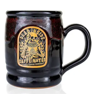 Bones Coffee Company | Dead Inside Handthrown Ceramic Coffee Mug Black Red 14oz Dishwasher Safe