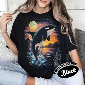 Orca Midnight Vintage Style Graphic Shirt, Retro Ocean Comfort Colors Orca Shirt, Moonlight Ocean Lightning Tee,90s Marine Life Graphic Top