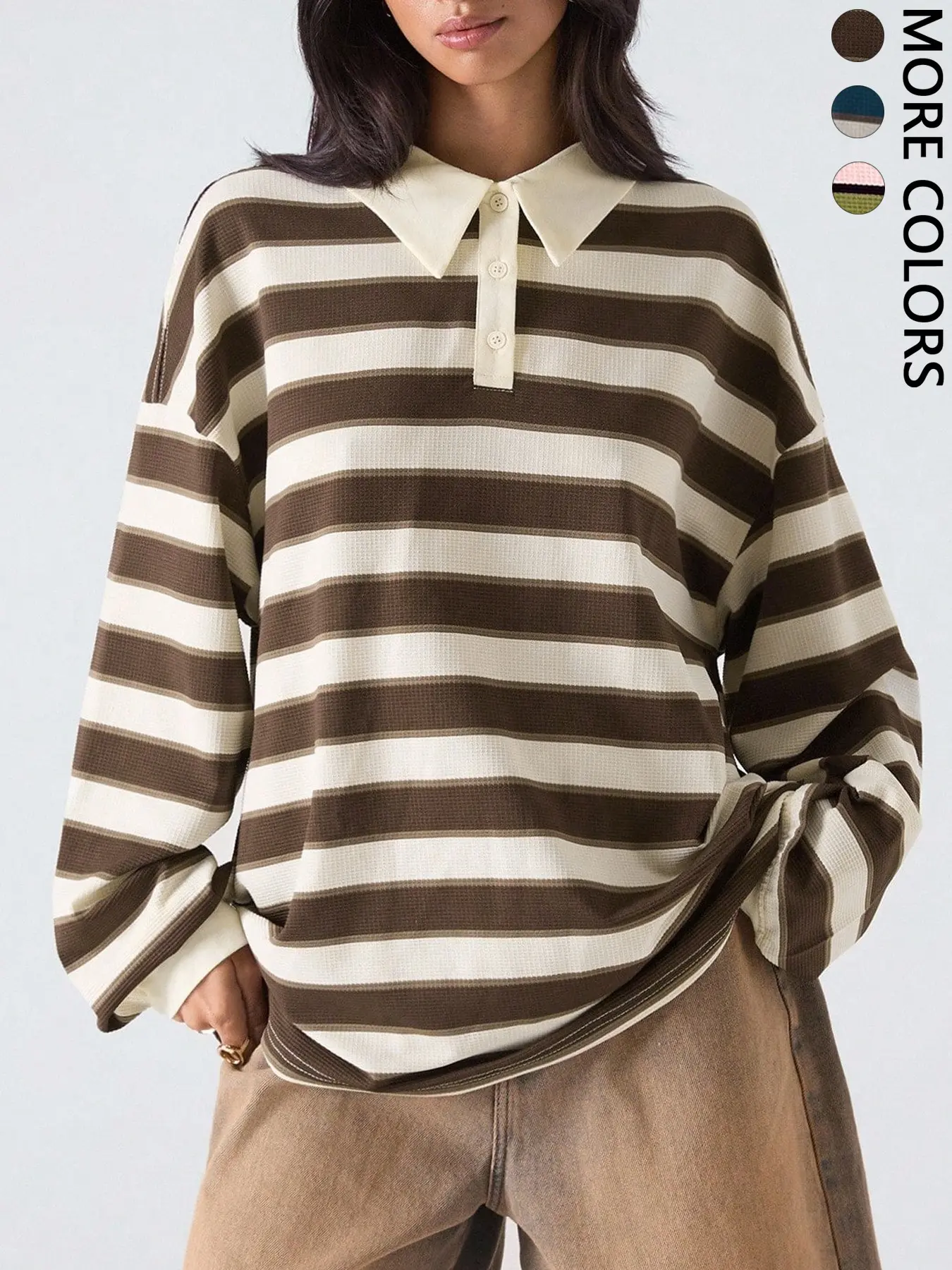 Women's Brown Striped Polo Neck Long Sleeve Sweatshirt, Womenswear, Vintage Casual Style, Loose Fit Comfortable Daily Wear, Spring Fashion, Casual Cozy Sweatshirt, Casual Sweatshirt Tops