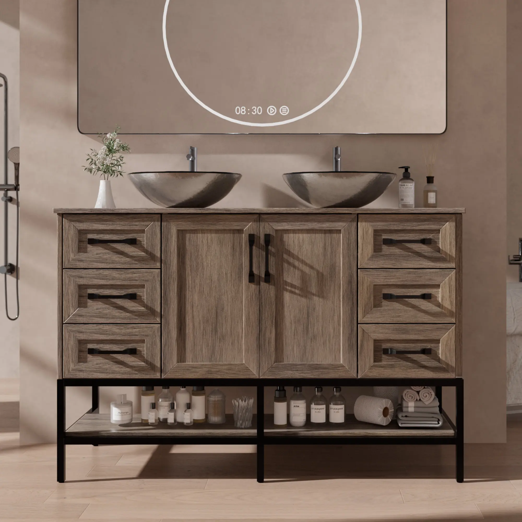 VNN 48 in Durable Wood Double Sink Bathroom Vanity - Freestanding Cabinet with Open Shelves, 6 Storage Drawers, Modern Iron Frame, Tempered Glass Vessel Countertop, Grey, Dual-Sink Design, Assembly Required, Easy Assembly & Universal Fit