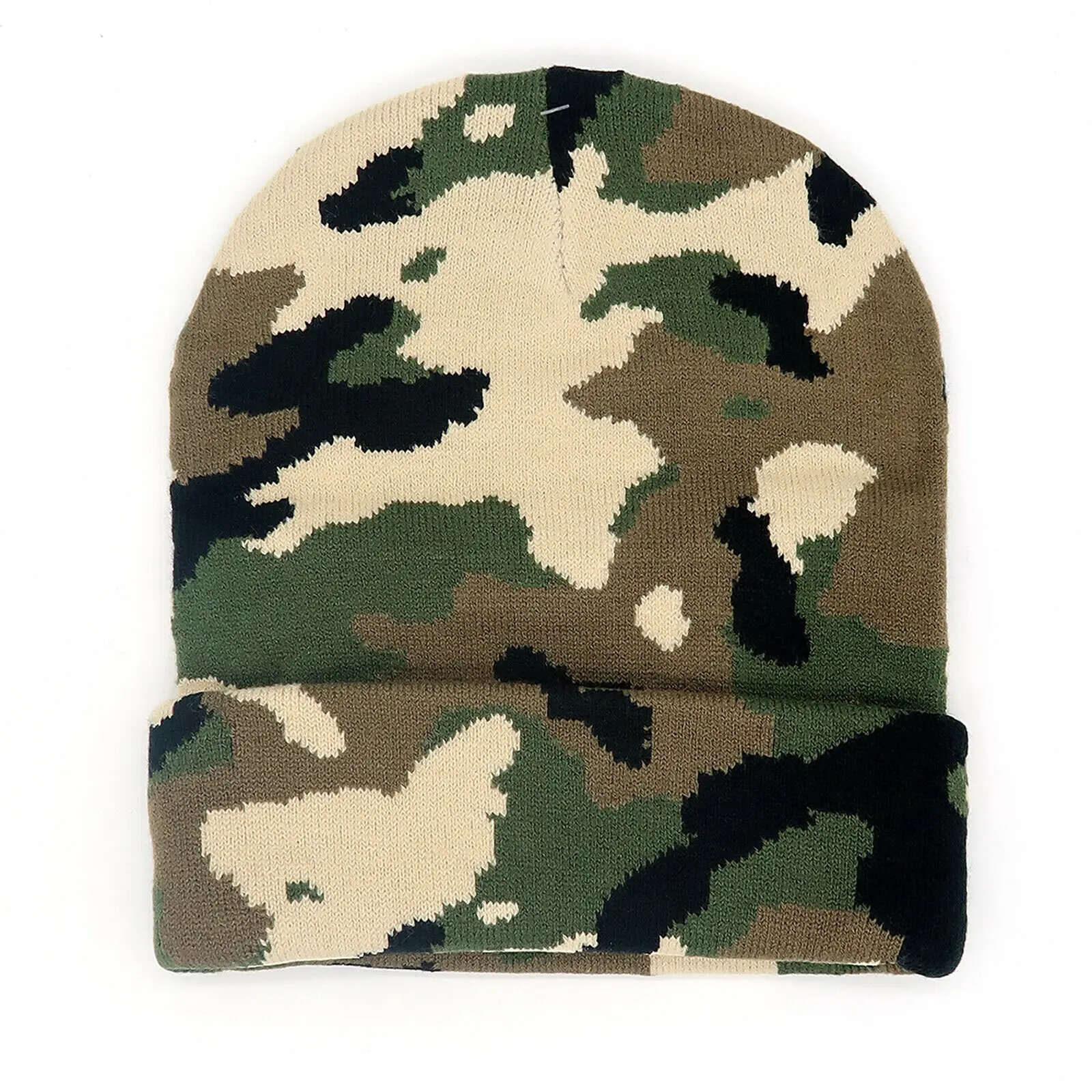 Unisex Camouflage Knitted Acrylic Beanie Hat for Winter with Fold-Over Cuffed Design