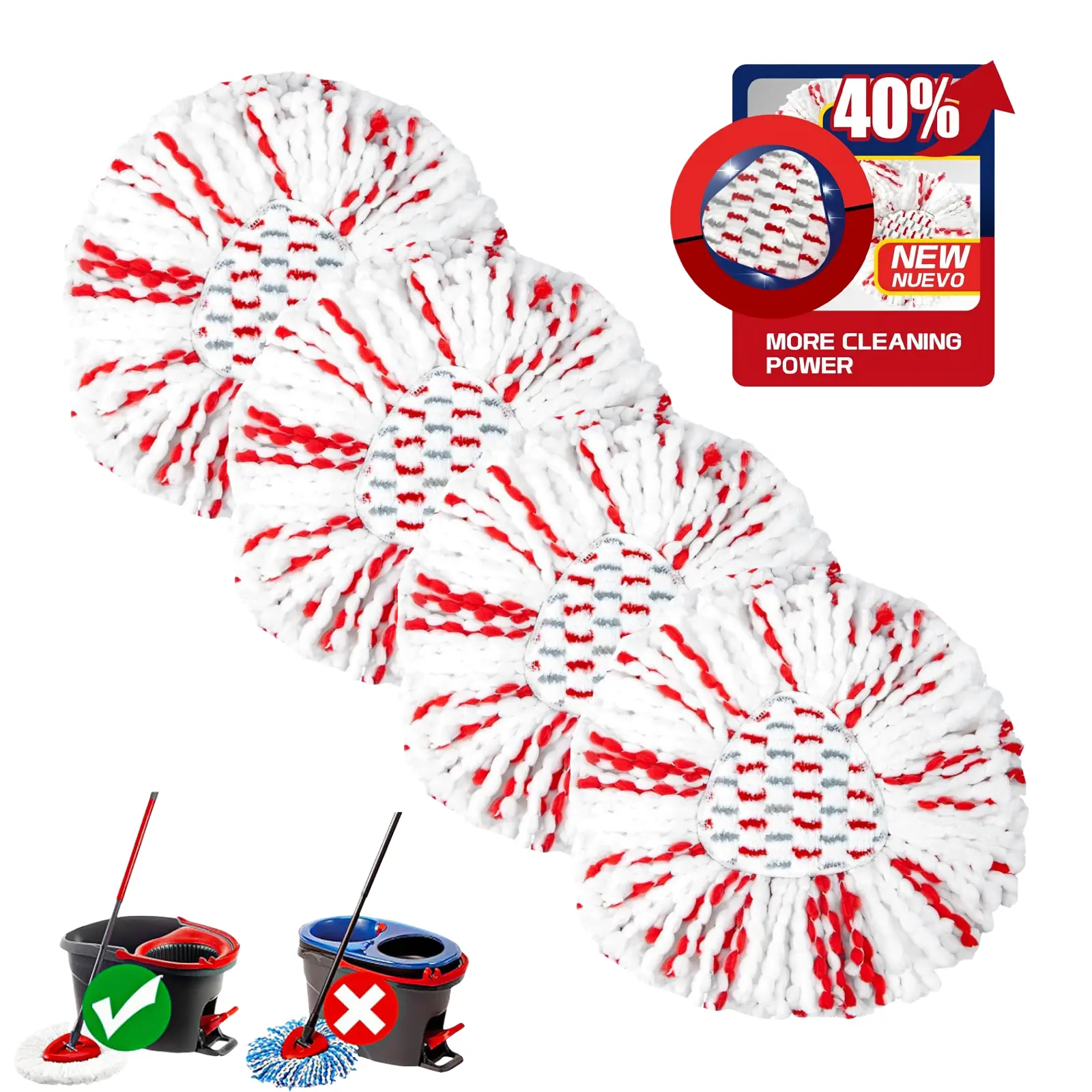 4 Pack Mop Heads Replacements - 40% More Cleaning Power, Spin Mop Heads Replacements for O Cedar Easy Wring 1-Tank System, Deep Cleaning, Microfiber and Machine Washable