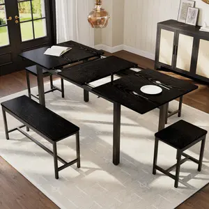 5 PCs Dining Table Set for 6-8 People, 63 in Extendable Kitchen Table Set with 2 Benches and 2 Square Stools, Modern Dining Room Furniture Sets,Black