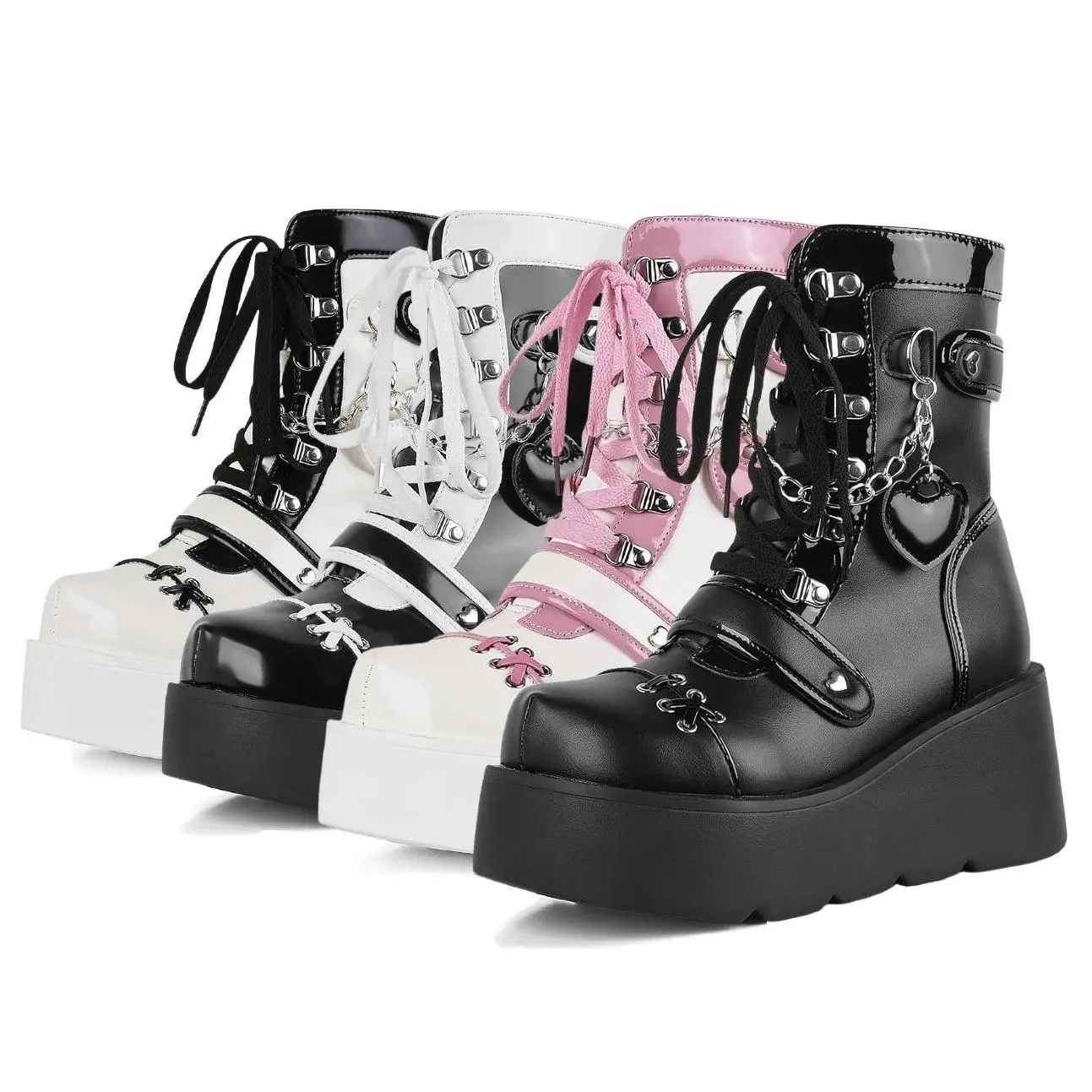 EROCALLI  Women Goth Platform Boots Lolita Kawaii Shoes Wedge High Heel Lace Up Mid Calf Boots Vintage Ankle Boots