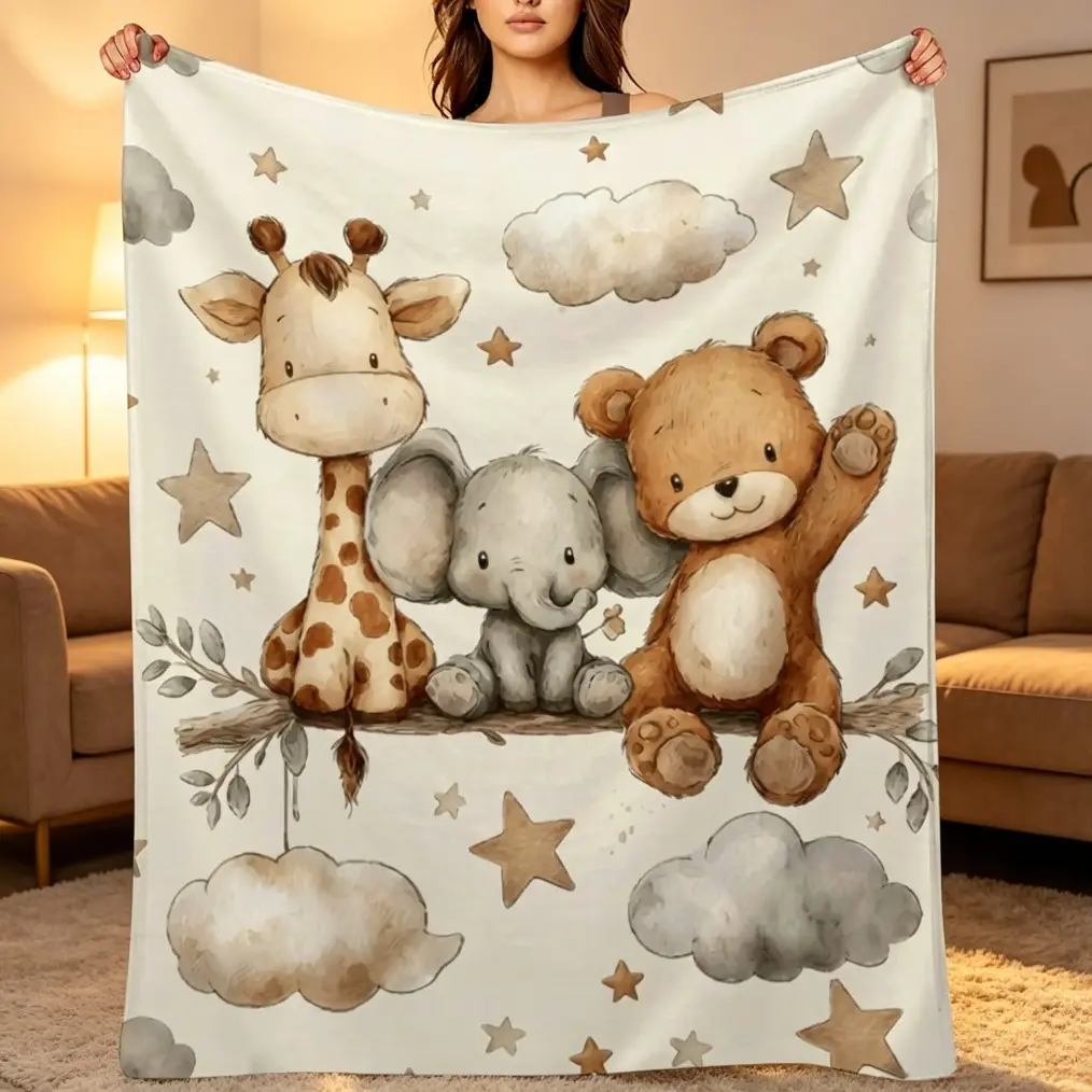 Watercolour Animal Print Infant Baby Blanket - Soft Crib Throw for Newborns, Neutral Giraffe Elephant Teddy Bear Nursery Room Decor, Machine Washable Textile Bedding Linen, Neutral Tones, Durable