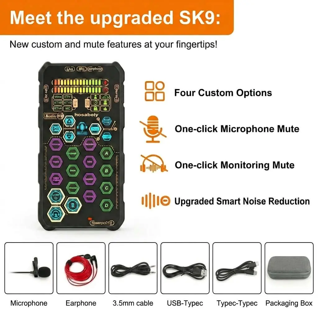 [DealsForYouDays]HOSABELY SK9 Upgrade PRO Compact Handheld Digital Sound Card Kit, Portable Audio Interface with Microphone, Gaming Accessories for iPhone, Laptop, PS5 Streaming Playback summerwins,Gifts for Men Women
