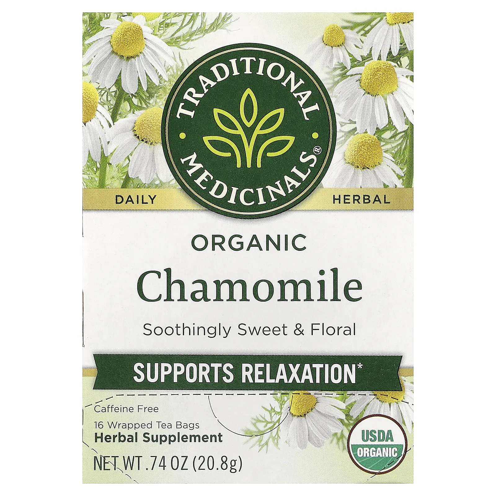Traditional Medicinals Organic Chamomile, Caffeine Free, 16 Wrapped Tea Bags, 0.74 oz (20.8 g)