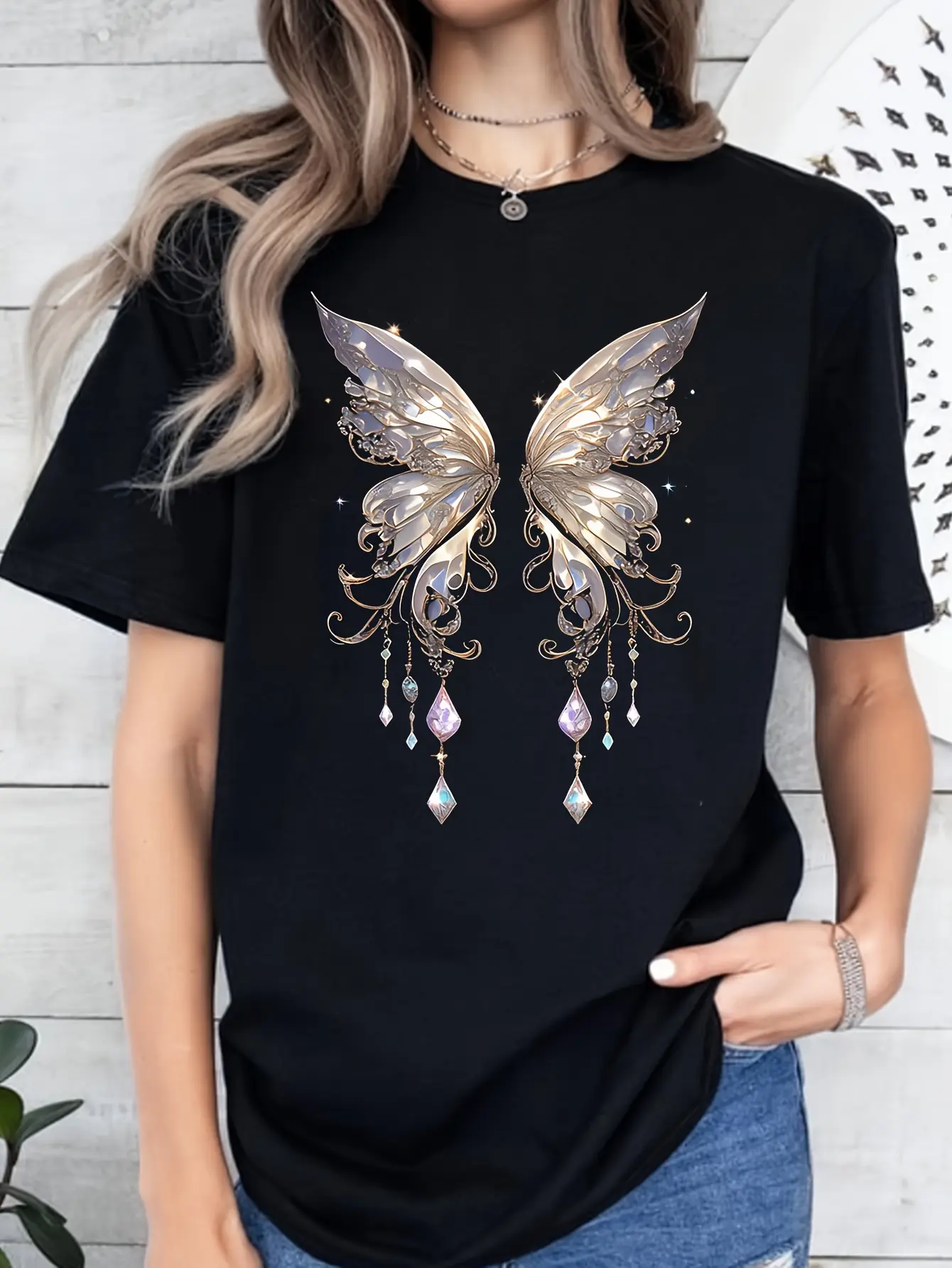 Women's Cotton Short-Sleeve T-Shirt - European & American Style, Loose Versatile Casual Top, Butterfly Print, Breathable Fabric, Suitable for Commute & Shopping, Shortsleeve, Tshirt, Lady, Loose Fit, Round Neck