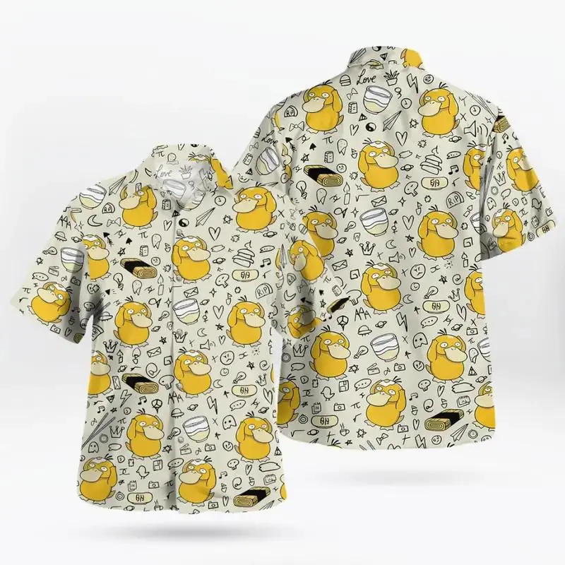 2026 Cream Psyduck Doodle Pattern Hawaiian Shirt Poket mons Cream Duck Print Hawaiian Shirt, Funny Tropical Aloha Button Up, Casual Summer Vacation Shirt