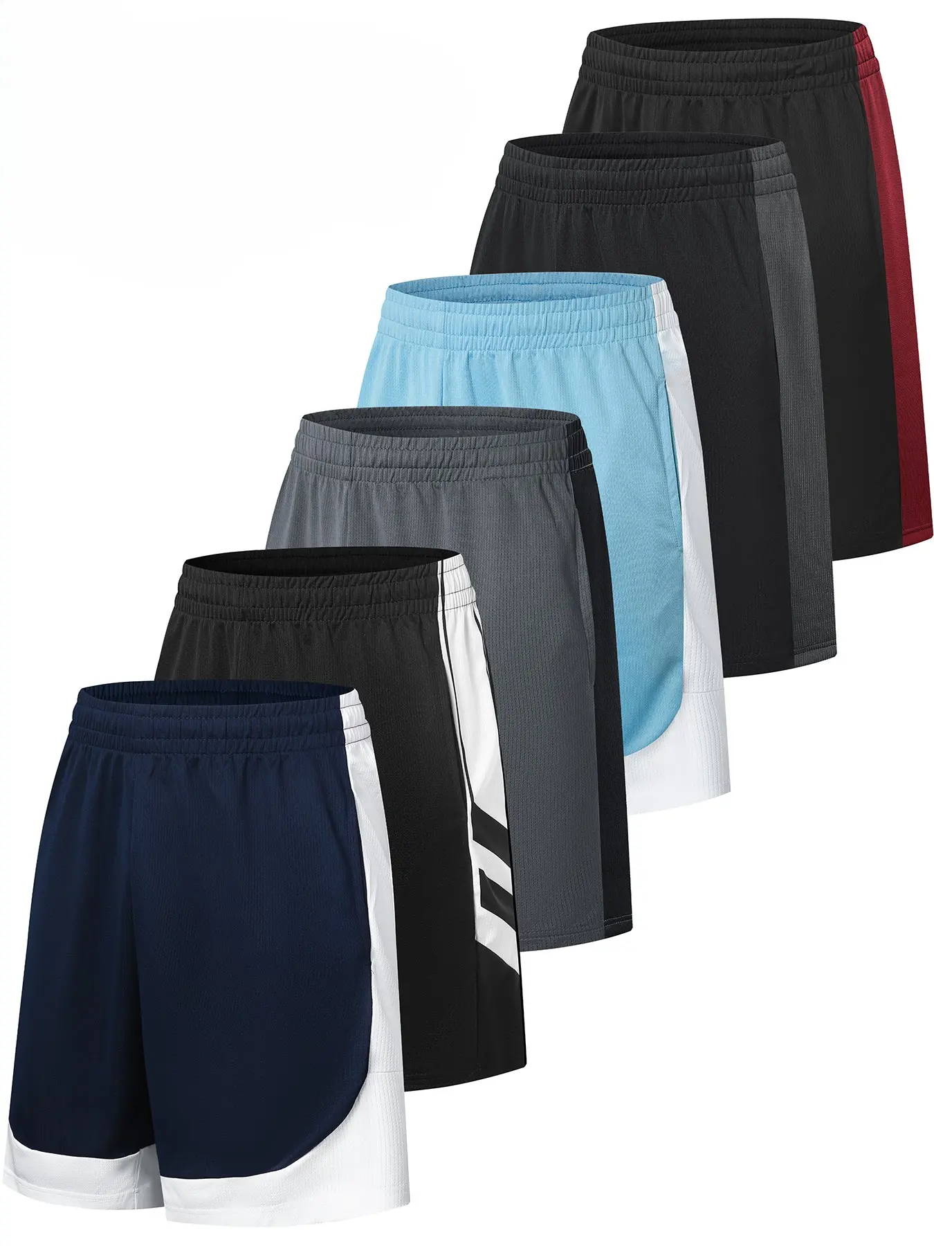Men's 6-Piece Colorblock Basketball Shorts Set, Breathable Knit Activewear for Court Play, Standout Colors, 6 Shorts Ready for Easy Rotation