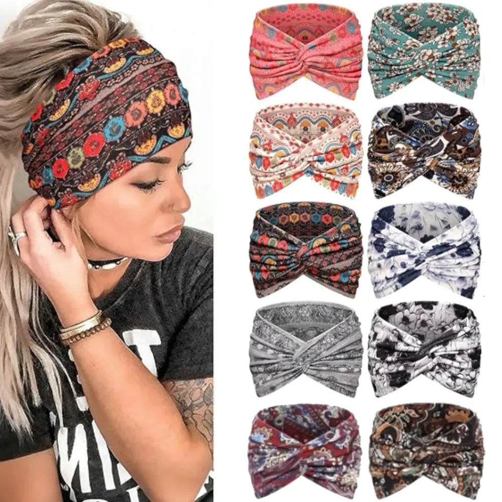 10 Pack Multi Colors ,Awumbuk Wide Headbands for Women, 7.08 Inch Thick Boho Turban Style Hair Wraps, Non-Slip Moisture-Wicking Workout Headband for Sports, Yoga, Daily Fashion