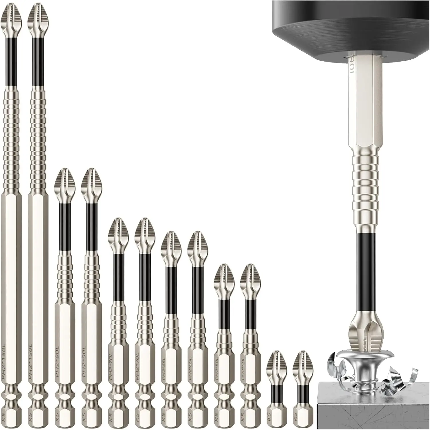 PH2 Magnetic Screwdriver Bit Set - 9 PieceK5 Impact-Resistant  S2 Steel Bits , Non-Slip Electric Screwdriver Bit 1/4" Hex, 25-150mm