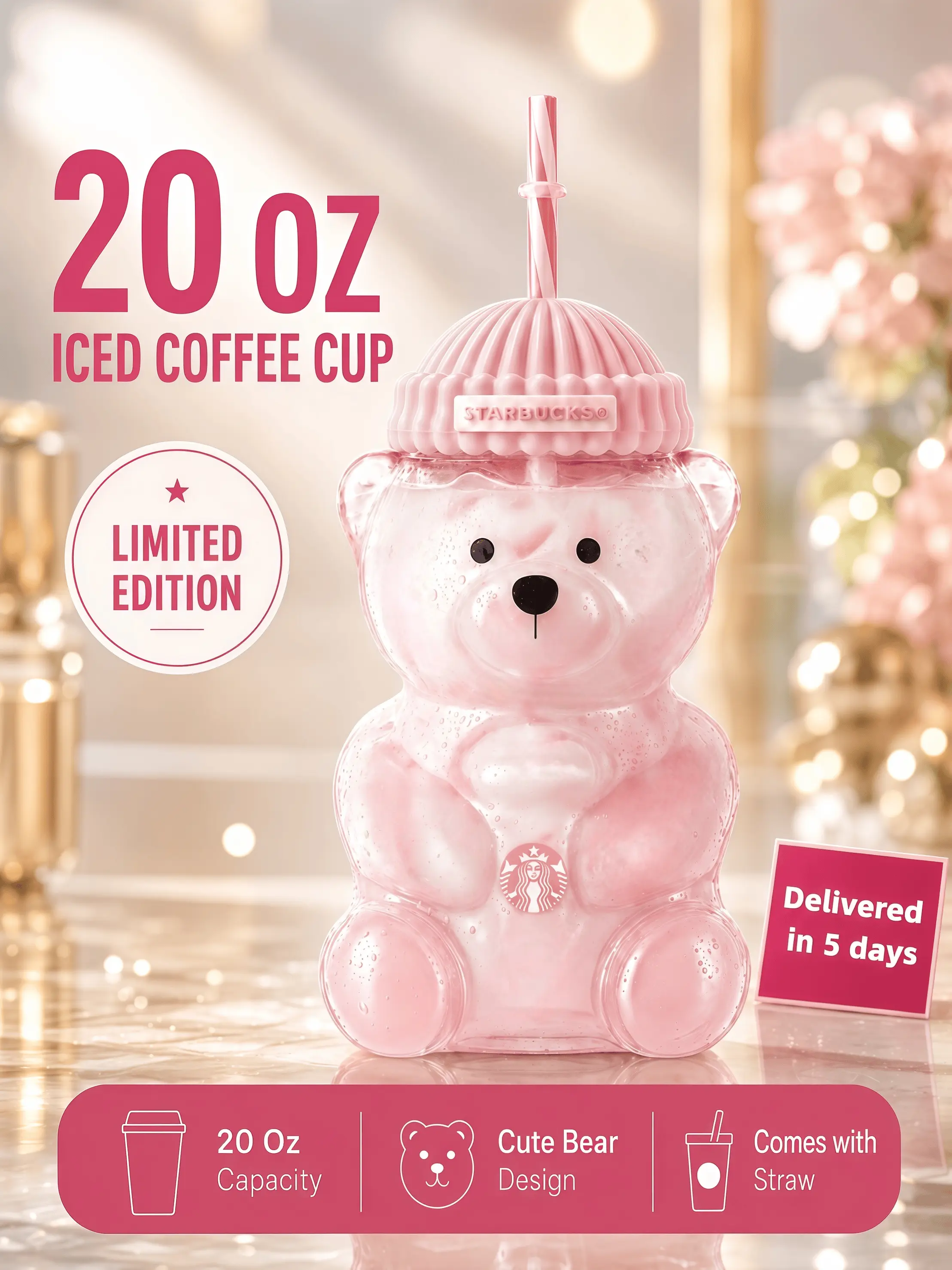 2026 New Limited Edition Pink Bear Glass Cup, 590ml/20oz - Specialty Kitchenware, Ideal Gift Item