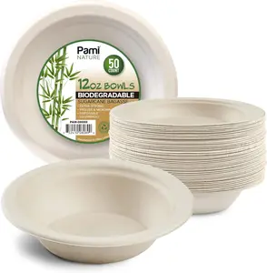 PAMI 100% Biodegradable Sugarcane Bowls [Pack of 50] 12 oz. Natural Compostable Soup Bowls- Planet-Friendly Bagasse Bowls For Hot & Cold Uses- Heavy-Duty Disposable Microwavable Paper Serving Bowls