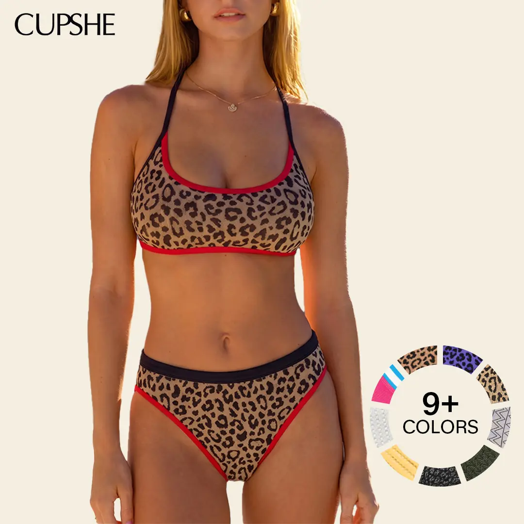 Cupshe Women's Ribbed Bandeau Bikini Set, High-Cut High Rise Cheeky 2 Piece Swimsuit with Contrast Piping, Ribbing, Two Piece Set #summerfinds tiktokshopbacktoschool