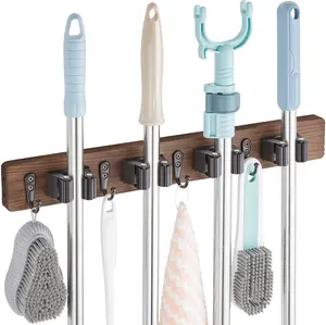 Broom Holder Wall Mount - Rustic Wood Broom Mop Hanger - Wall Mounted Garden Tool Rack Organizer for Closet Garage Laundry Room Kitchen Decor With 4 Slots & 4 Hooks