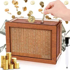 Wooden Money Saving Box for Cash, $10K Savings Challenge Piggy Bank, Gift for Kids Teens Adults, Decorative Cash Vault for Home Office Decor Cash Coin Jar Coin Bank