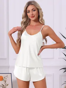 INSPIRE CHIC Women's Satin Pajamas Set Silky Camisole Sleeveless Spaghetti Strap Cami Split Shorts Sets 2pcs Sleepwear