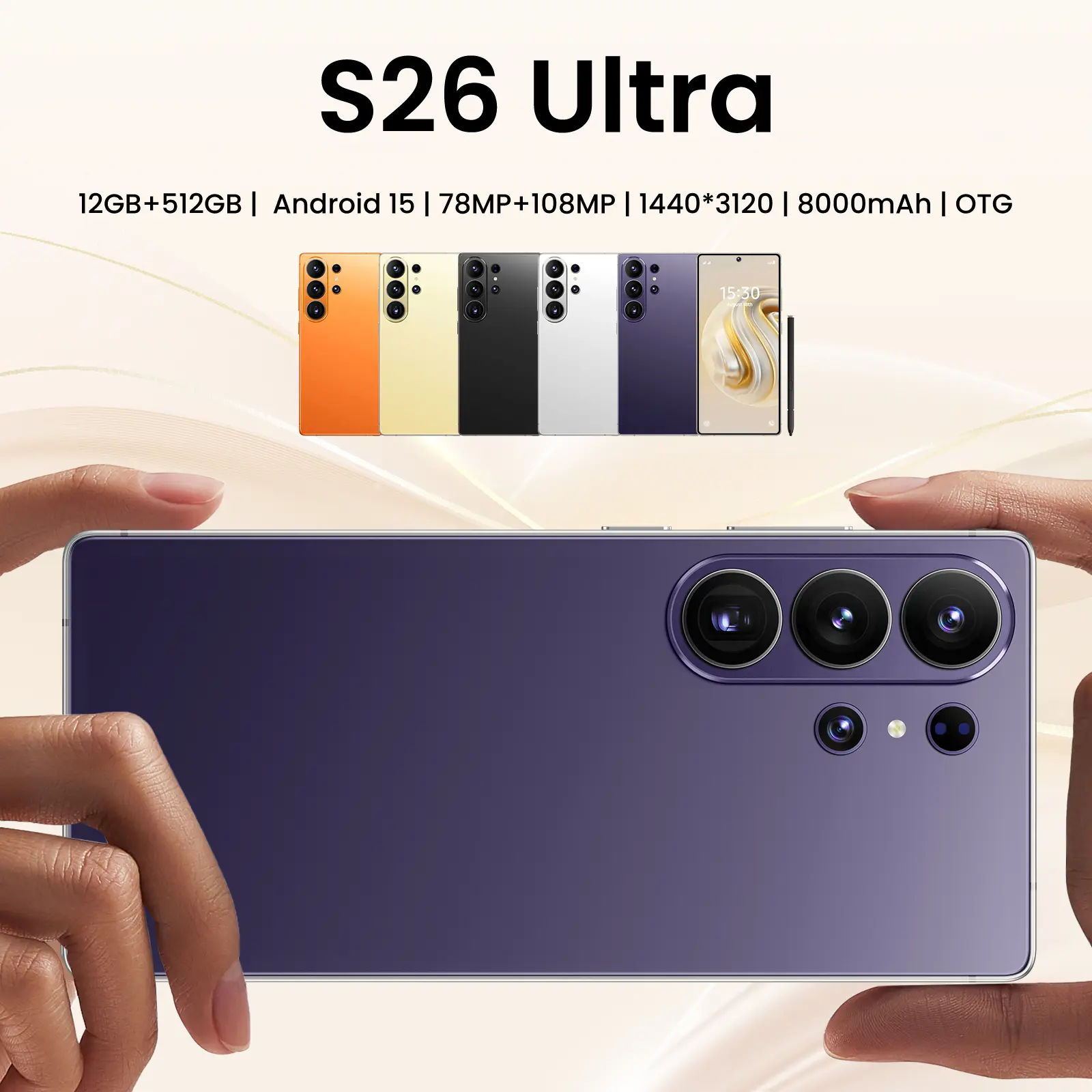 2026 S26 Ultra 5G Smartphone: 12GB+512GB, Android 15, 8000mAh Large Battery, 78MP+108MP HD Camera, 6.99" Display, Built-in Stylus, Unlocked with Case