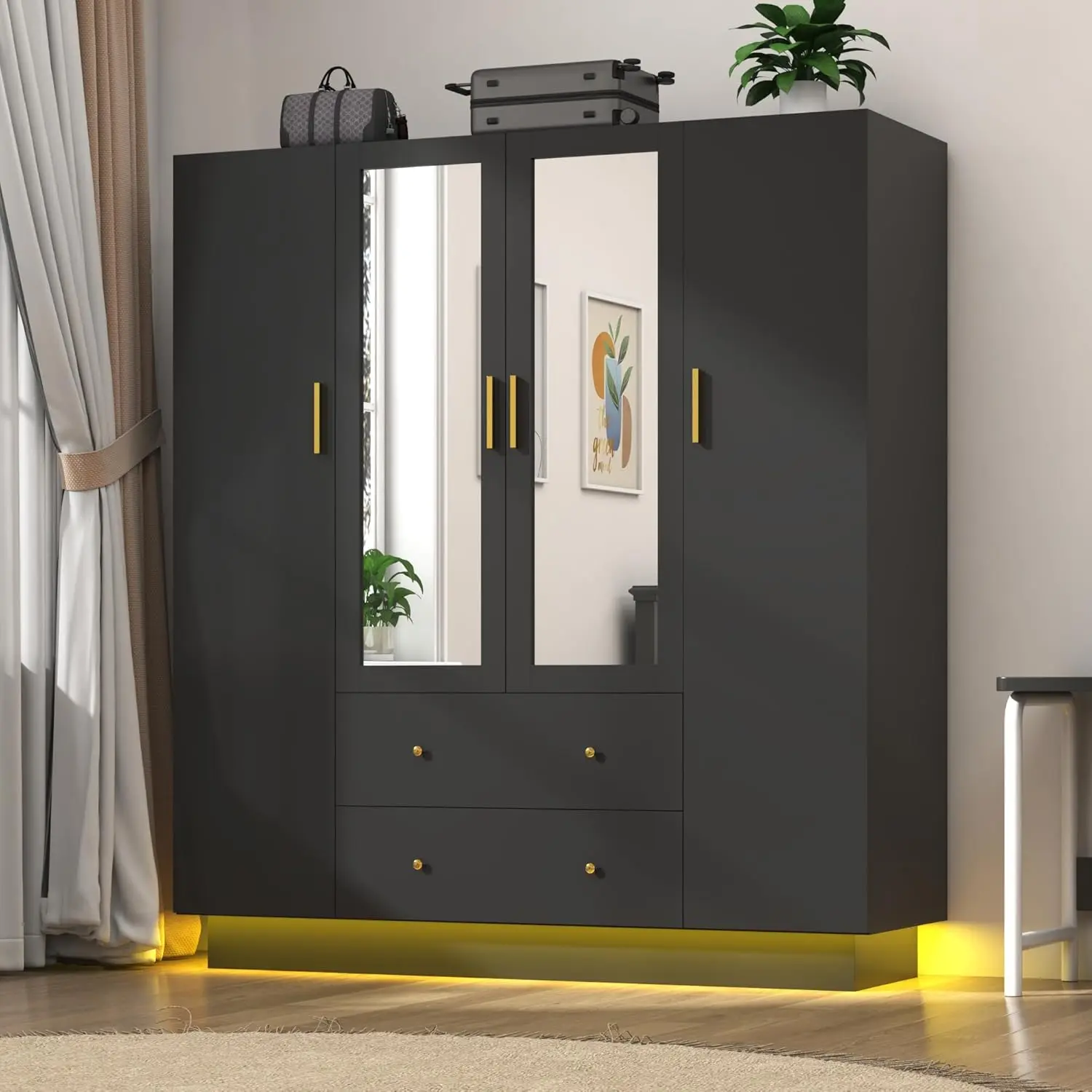 Modern Engineered Wood Wardrobe Furniture - Stable Armoire Closet with Mirror, RGB Lights, Drawers, Shelves, Hanging Rod, Bedroom Closet Storage Cabinet for Organization & Stylish Design,dorm essentials,home decor