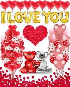Valentines Balloon Kit Decor with I Love You Balloons, Heart Balloons with 1000 Pcs Silk Red Rose Petals for Valentines Day Galentines Party Decorations Proposal Wedding Anniversary Decor