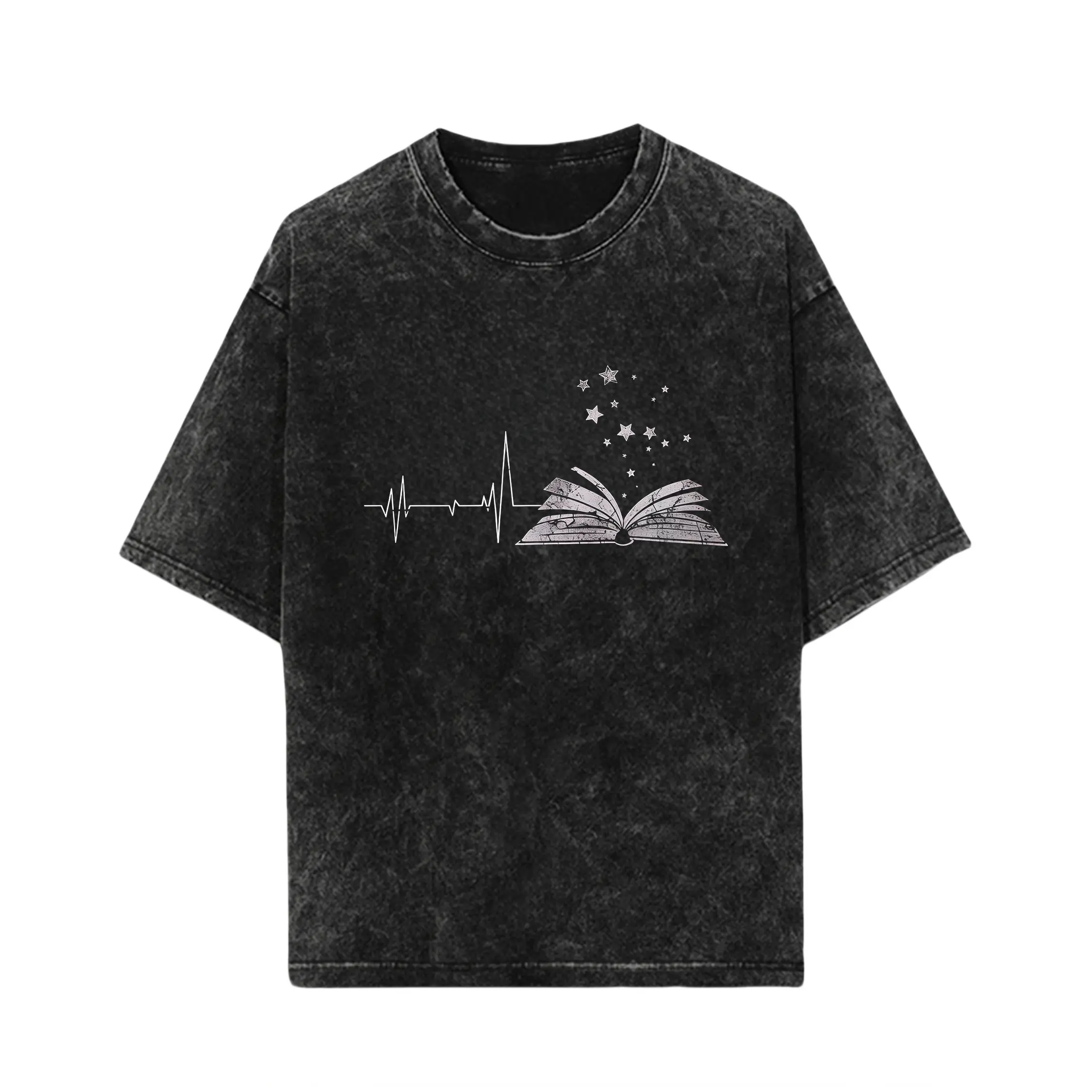 Women's Casual Reading Enthusiast Graphic T-Shirt - Short Sleeve Crew Neck, White with Black Book & Star Design