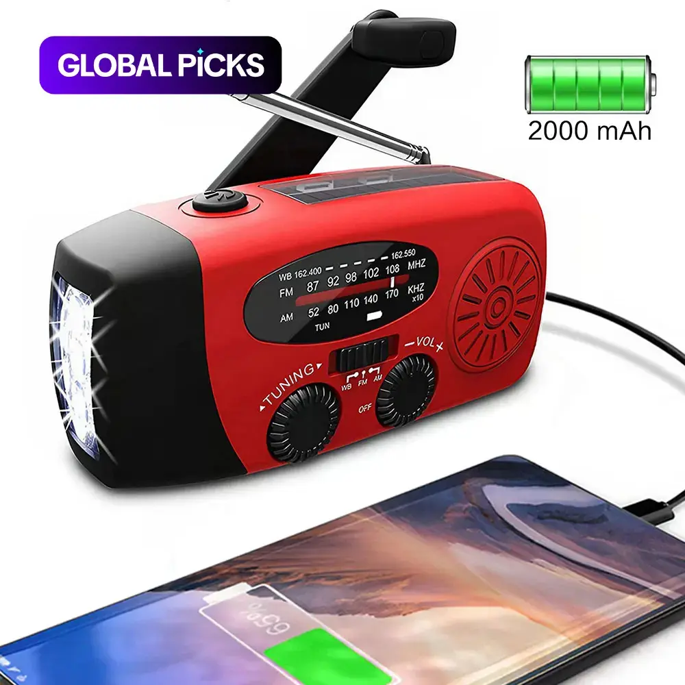 2000mAh Radio Hand Crank, Solar Powered/USB Rechargeable FM AM WB NOAA Weather Radio, Emergency LED Flashlight Power Bank for Holiday Birthday