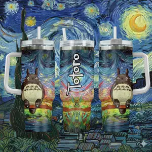 Studio Ghibli Totoro Starry Night 40oz Tumbler with Handle | Van Gogh Parody Art Travel Mug with Straw | Premium Insulated Anime Fan Merch Gift