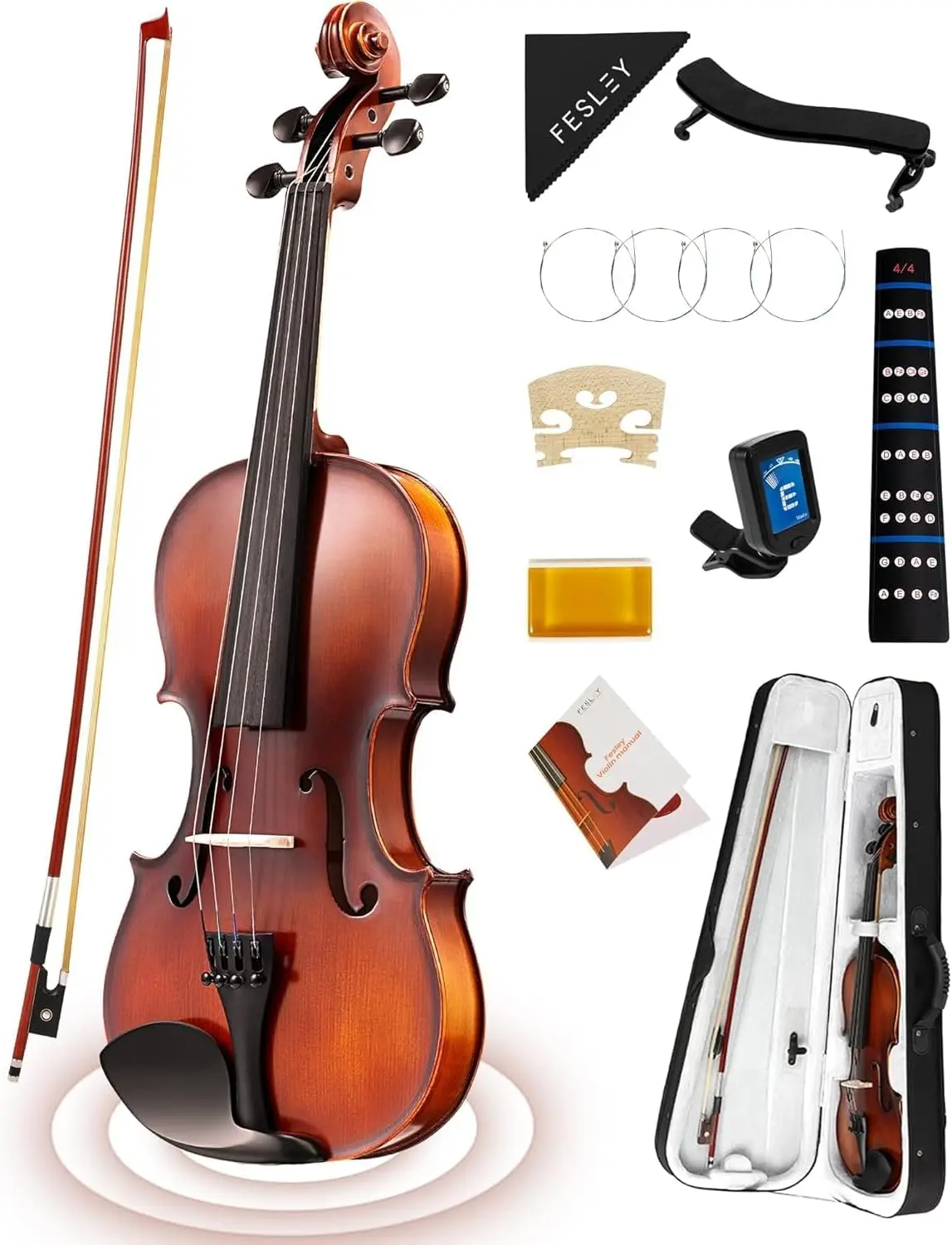 Fesley 4/4 Beginner Violin Kit – Acoustic Violin with Bow, Case, & Accessories