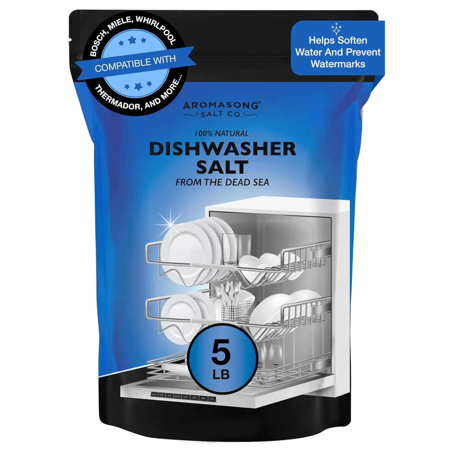 AROMASONG 5lb Natural Dead Sea Water Softener & Dishwasher Cleaner - Home Care Supply Compatible with Bosch, Miele, Whirlpool, Thermador Units, Softens Water, Prevents Limescale Build-Up, Maintains Efficiency