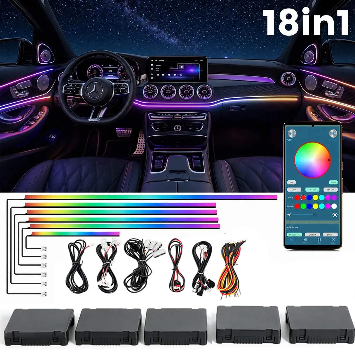 DIY Interior Car LED Strip Lights, Acrylic LED Lights for Car with Dynamic Dreamcolor Chasing, Ambient Lighting Kits Music Sync Wireless APP and Remote Control