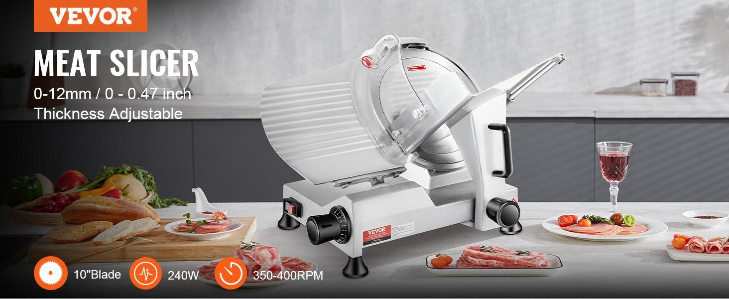 VEVOR 240W Commercial Meat Slicer, Electric Deli Food Slicer, 10" Carbon Steel Blade Electric Food Slicer, 350-400RPM Meat Slicer, 0 - 0.47 inch Thickness Adjustable for Commercial and Home Use VEVOR 240W Commercial Meat Slicer, Electric Deli Food Slicer, 10" Carbon Steel Blade Electric Food Slicer, 350-400RPM Meat Slicer, 0 - 0.47 inch Thickness Adjustable for Commercial and Home Use